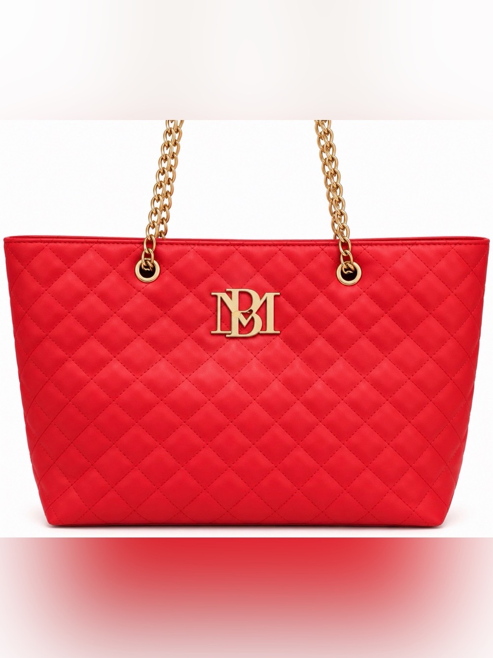 Quilted Red Tote with Gold Chain Handles Badgley Mischka